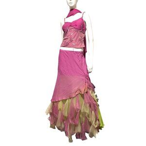 Y2K Silk Maxi Dress Set Asymmetric Ruffle Crop Fairy Mermaid Festival 100% Silk